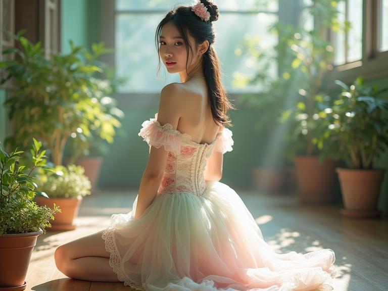 Full body shot of a Chinese lady in a pastel-colored frilly outfit on all fours facing away from the camera. The ensemble features a corset top with lace and frills in pink, cream, mint green with a sweetheart neckline and off-the-shoulder design. A full lace bottom, her hair is tied showcasing a beautiful leg and serene expression. Light pink stockings with rose embroidery complemented her look. Soft natural light highlights the frills and lace in a room filled with greenery creating a vintage feel.