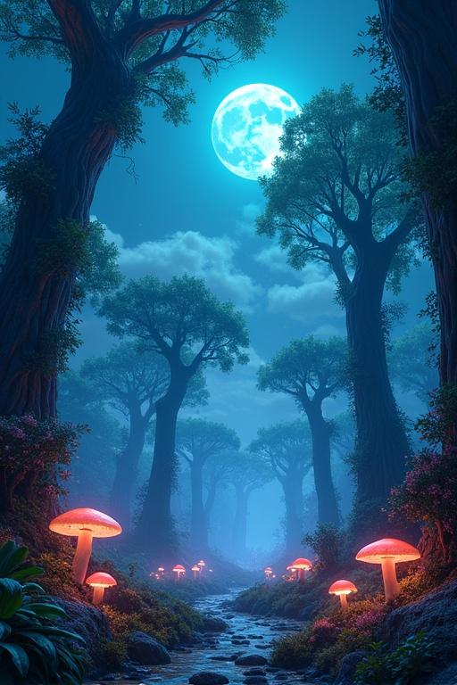 Vertical view of an alien jungle with glowing trees and neon flora. The ground features glowing mushrooms under bright moonlight. A huge planet visible in the sky adds to the scene's mystique.