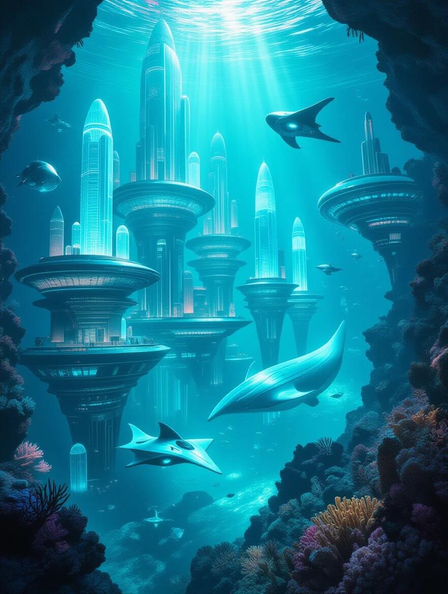 A massive alien metropolis deep beneath the ocean surface. Illuminated by glowing corals and crystalline towers. Bioluminescent marine life surrounding the city. Non-Euclidean architecture shaped like spirals and shells. Pulsating surfaces and translucent citizens. Fluid movements through coral tunnels. Manta-shaped vehicles swimming between skyscrapers. Deep teal water with sunlight beams. A giant Leviathan in a cavern. Mood is serene and awe-inspiring. Perspective shows the vastness of the city.