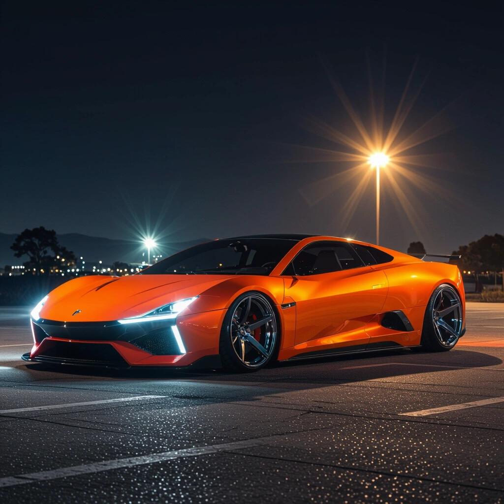 A parked angular orange concept futuristic funny car low rider captured in a raw photo. Scene is at night with very dark surroundings and epic scenery featuring a sun flare.