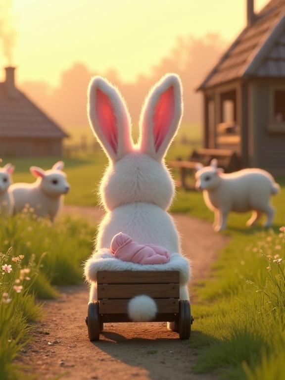 Cinematic scene featuring a large white and pink rabbit pulling a small wooden cart. The cart carries a newborn baby wrapped in a white blanket. The rabbit's large ears are seen from behind. The setting is a farm path with green grass and wooden houses. Sheep are nearby. Warm sunlight creates a peaceful atmosphere. Detailed fur textures and 4K resolution.