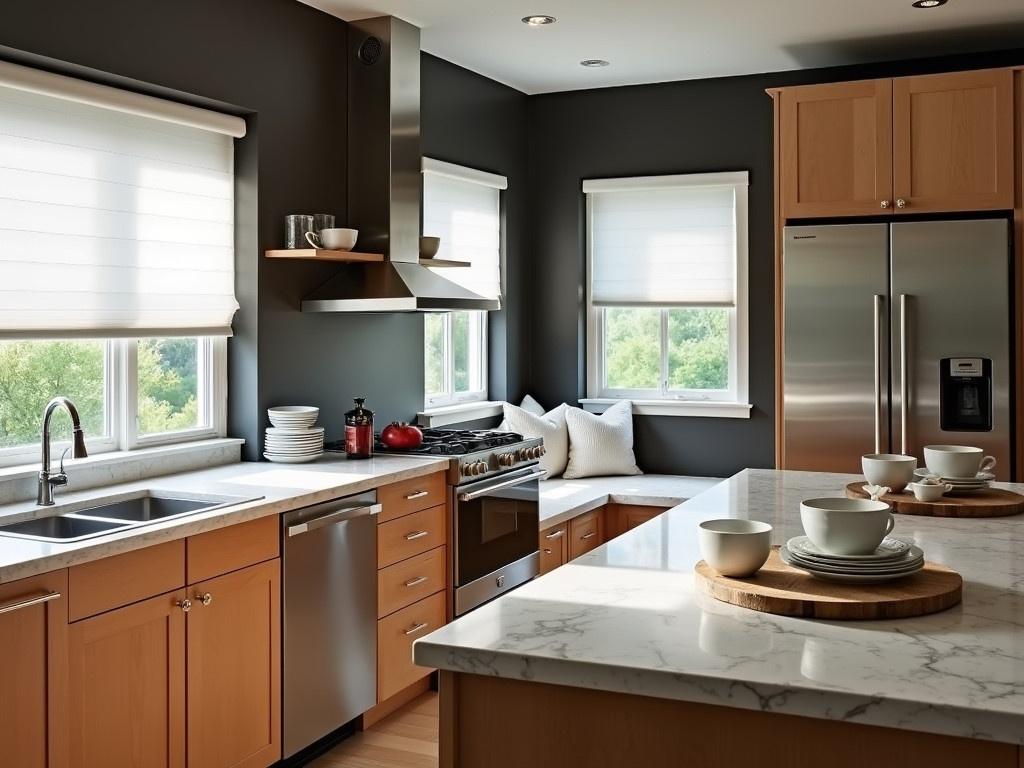 This kitchen has a modern and sleek design featuring wooden cabinets and a marble countertop. The layout is spacious and promotes efficiency. Sunlight streams through the large windows adorned with white blinds. A double sink is placed on one counter, while a beautiful arrangement of dishes is set on the island. Stainless steel appliances add a contemporary touch to the overall aesthetic. The color palette is neutral, with dark walls that enhance the warmth of the wood. There’s a cozy nook connected to the kitchen, providing extra space for cooking or gathering.