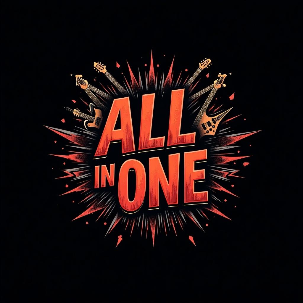 Logo design for rock band called All In One. Features bold text with explosive background. Incorporates guitar illustrations. Black background with vibrant colors.