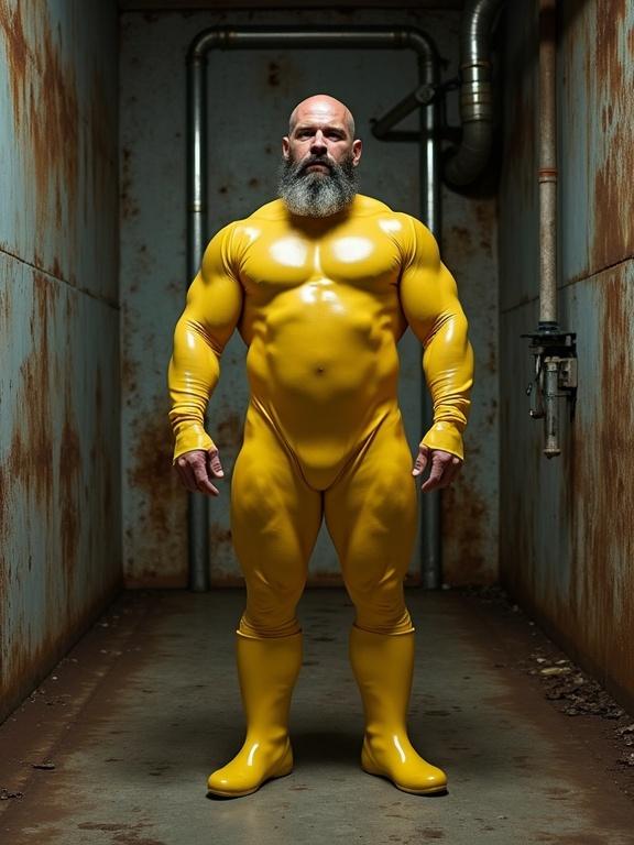 A bearded bodybuilder in a shiny yellow latex bodysuit and rubber boots. He stands in a rusty room with metal walls and exposed pipes. The style is reminiscent of Simon Stalenhag's dystopian realism. The image conveys decay and strength.