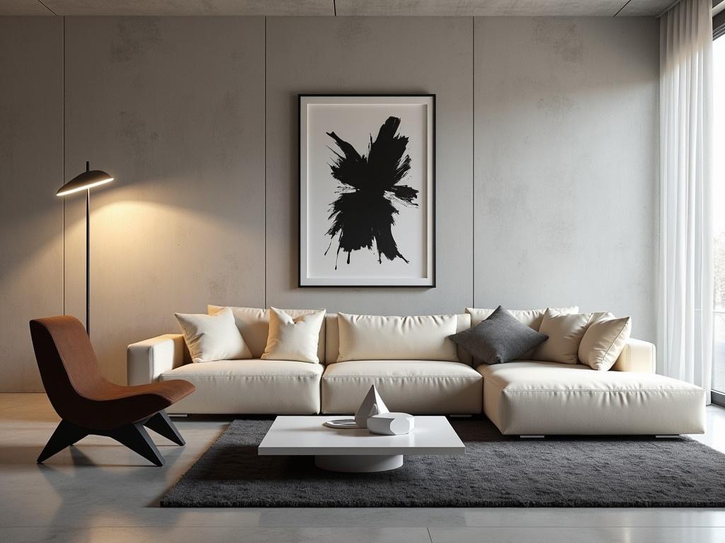 This is a modern living room interior featuring a large, light beige sectional sofa positioned against a concrete wall. The sofa has a sleek, minimalist design with a low profile and soft cushions, offering a contemporary look. In front of the sofa, there is a stylish white coffee table with an artistic geometric centerpiece. To the side of the sofa, a unique, brown, ergonomic chair stands, adding an element of comfort and style. A tall, sleek floor lamp shines light in the corner, while an abstract black and white artwork hangs above the sofa, enhancing the room's aesthetic appeal. The space is anchored by a large, dark rug that provides contrast against the light furniture and flooring.