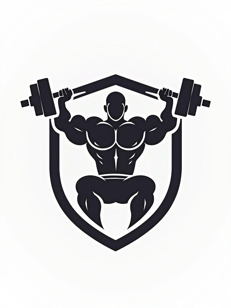 Logo design featuring a strong muscular figure lifting a barbell. The background is white. The figure is centered within a shield shape. The design is meant for a strength app.