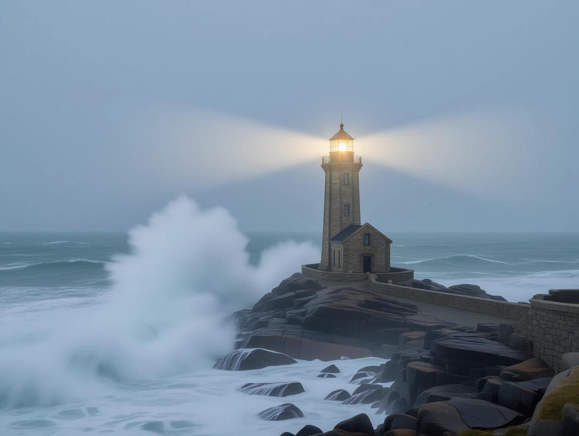 A lighthouse stands in the misty atmosphere. Light beams cut through fog illuminating crashing waves.