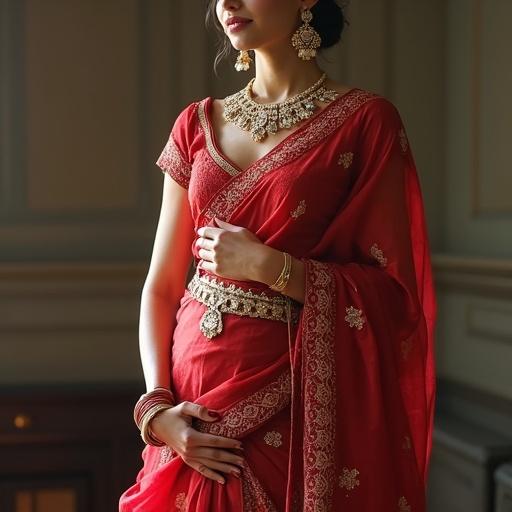 Woman in a red saree with intricate design. Jewelry complements the traditional attire. Lighting enhances the details of the fabric. Focus on elegant draping and cultural significance.