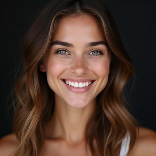Close-up portrait of a smiling young woman. Medium-length brown hair slightly tousled. Parted to the side. Minimal makeup and clear skin. Warm skin tone. Subtle dimples. Soft studio lighting enhances contours. Dark and slightly blurred background. She looks at the camera with a genuine smile. Realistic high-resolution photography style.