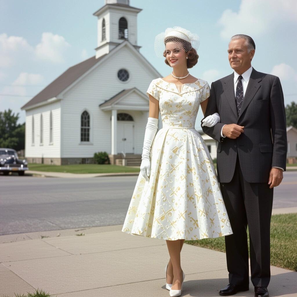A woman wearing a 1950s church dress stands in front of a small town church, holding the arm of an older man. The woman has a pearl necklace, white gloves, a small hat with a veil, and high heels. The church is in the background.