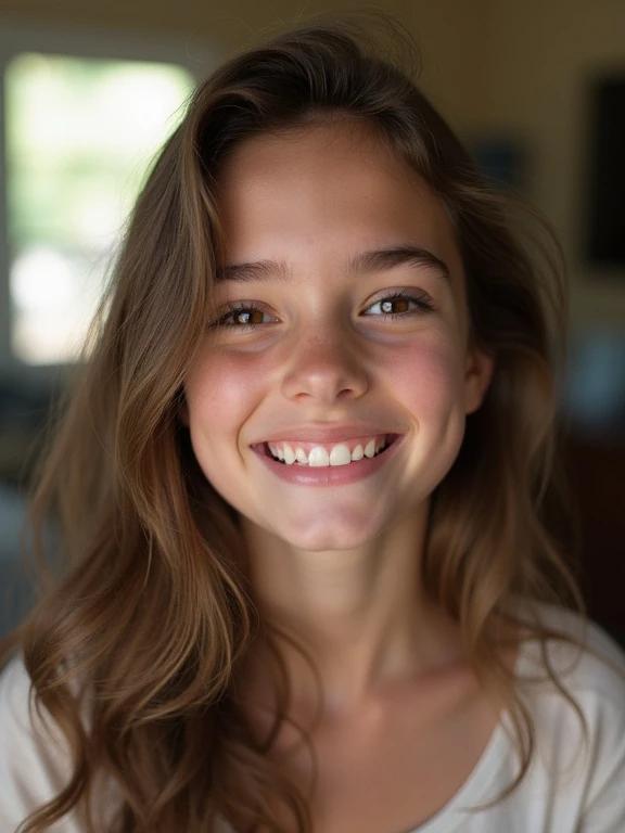 Photograph captures a teenage girl with soft waves in her hair. The setting is a cozy living room filled with natural light. She gives a flirty smile. The image has a low-resolution look typical of older phone cameras.