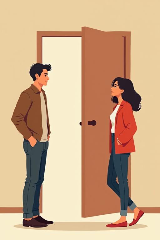 Minimalist vector portrait of a young man and woman standing apart in front of an open door. The man appears cold while the woman looks happy, symbolizing contrasting emotions. Include the text title 'Yes, No, Maybe'.