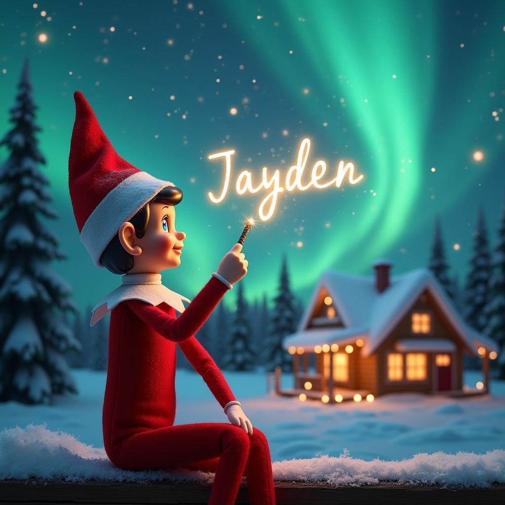 A cute boy elf on the shelf sits gazing at the sky full of northern lights. He holds a glowing wand that emits sparkling light. In the background, a charming Christmas scene unfolds with colorful northern lights swirling above. A cozy house, decorated for the holidays, is visible in the distance. Snow covers the ground, enhancing the winter atmosphere. The elf is posed playfully, embodying the spirit of magic and wonder associated with Christmas. The name 'Jayden' is created in the air using the wand, adding a festive touch.