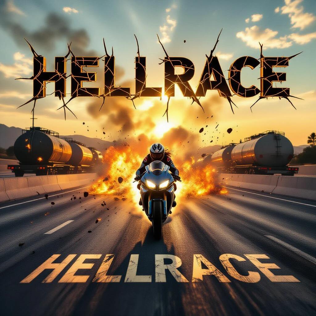 Hailee Steinfeld races a superbike down a freeway with explosions. Fireball surrounds her. The title is fractured asphalt with a texture. High-impact scene showing kinetic energy.