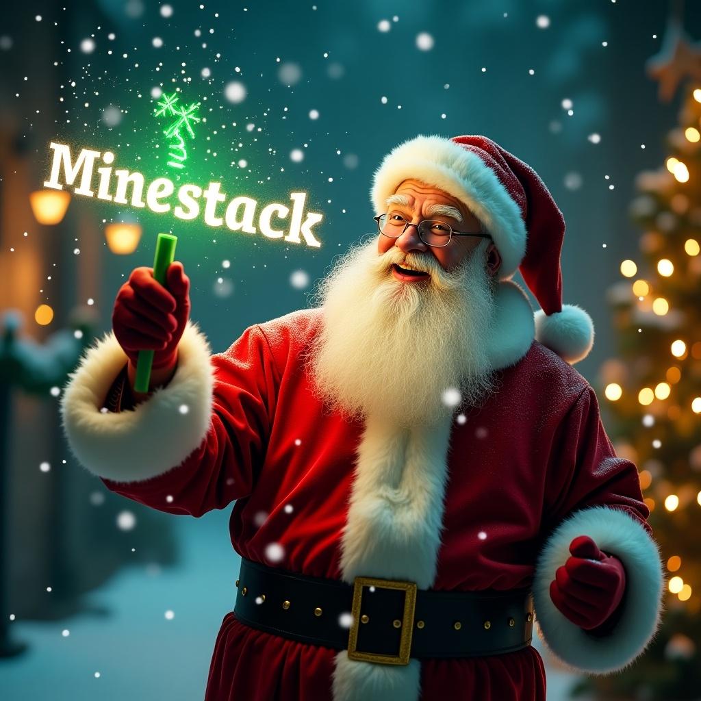 Jolly Santa Claus celebrating Christmas night. Traditional red suit with white fur. Glowing green stick lighting up the word 'Minestack'. Softly falling snow. Twinkling fairy lights and illuminated Christmas trees in the background. Evokes warmth and festive cheer.