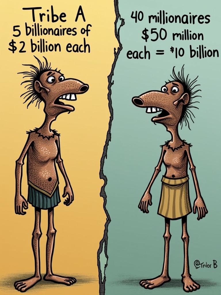 Cartoon comparing two tribes with their respective wealth status. Tribe A has 5 billionaires of $2 billion each and 45 poor individuals. Tribe B has 40 millionaires of $250 million each and 10 poor individuals. Both tribes are worth $10 billion but Tribe B is poorer by $2 billion.