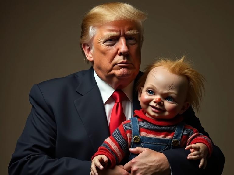 A controversial figure holds an unsettling doll. The atmosphere expresses tension. The figure stands with a serious expression. The doll has exaggerated features typical of horror. This is an artistic representation.