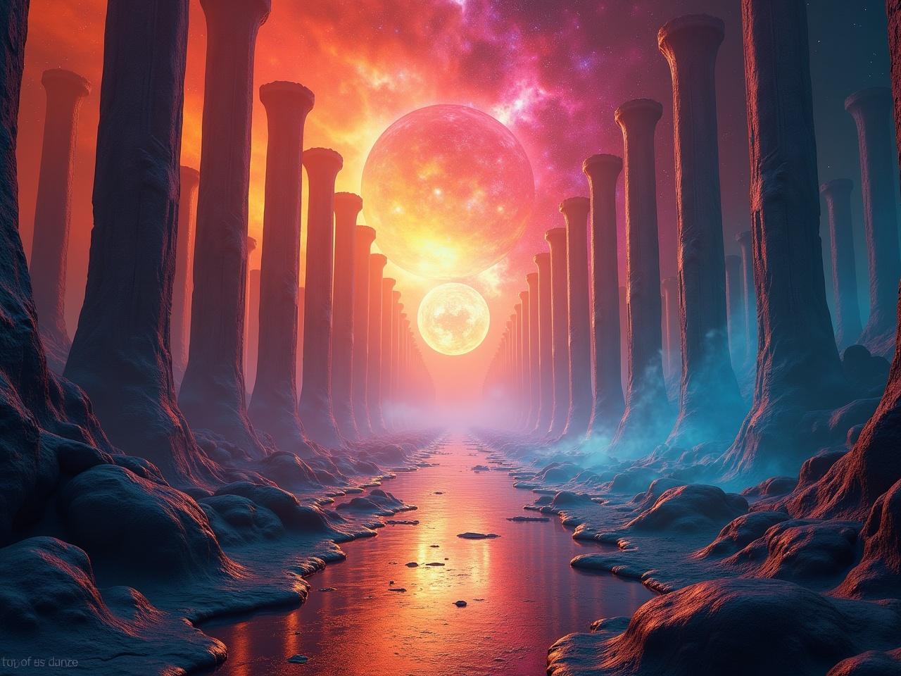 This image depicts an interdimensional realm known as Dimension Zero, a place where one can find peace of mind. Its mystical nature allows for variable orientation that contributes to the alien landscape. The color palette features ethereal shades of pink, orange, yellow, red, and blue reminiscent of a space nebula. The architecture forms a labyrinthine distortion that plays with time and space. The overall atmosphere evokes wonder and trepidation, hinting at spiritual evolution and encounters with the unknown. This artwork harmoniously blends elements of fantasy and science fiction.