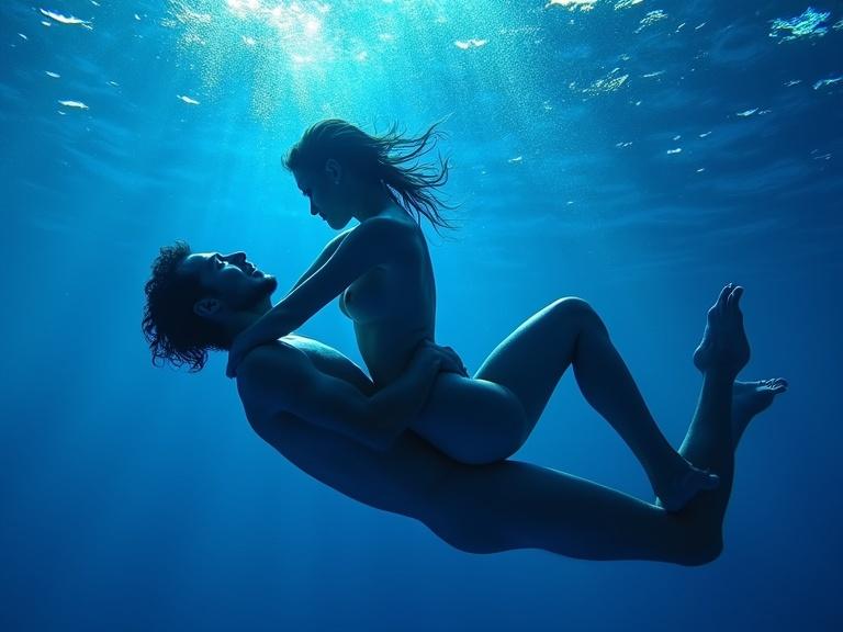 Surreal impressionist artwork illustrating a man and a woman merging together underwater. The blue tones dominate the scene while capturing the play of light and shadows with ethereal effects. The artwork demonstrates a blend of impressionist brushwork and vibrant textural elements. The overall mood suggests a dreamlike state with sharp details and high contrast defining the figures.