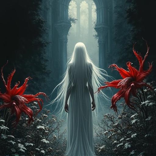 Dark scenery with muted tones featuring a figure with very tall legs and white hair surrounded by red spider lilies. Artistic style reminiscent of Yoshitaka Amano with influences from 1980s anime and gothic themes. The background is a black castle interior with dark gray colors.