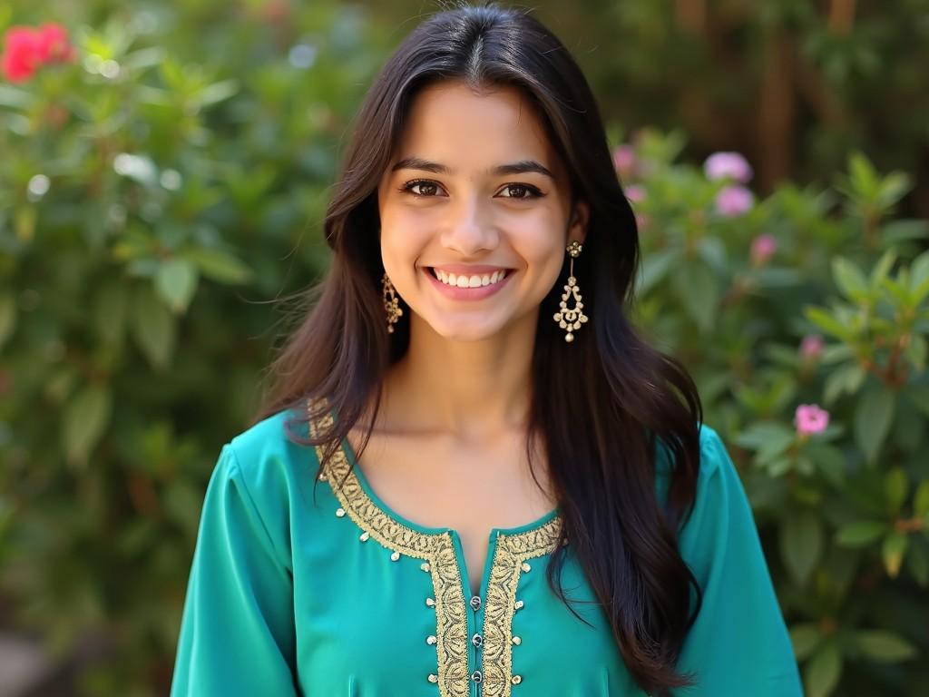 The image features a young woman smiling warmly at the camera. She is dressed in a teal outfit with intricate gold embroidery around the collar and sleeves. Her long, dark hair falls softly over her shoulders. She accessorizes with earrings that complement her attire. The background is lush with greenery and hints of flowers, creating a natural and vibrant atmosphere.