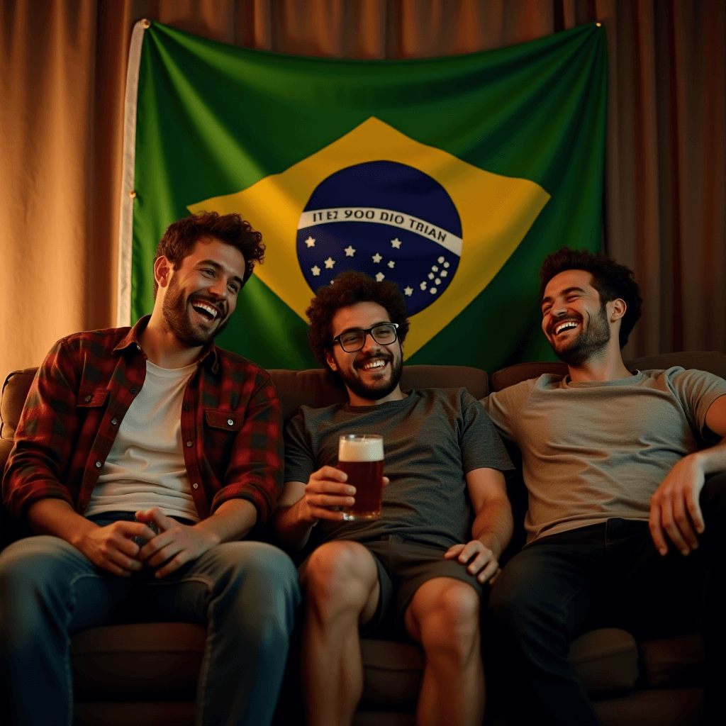 Three men enjoying a casual gathering with beer, sitting on a couch in front of a Brazilian flag.