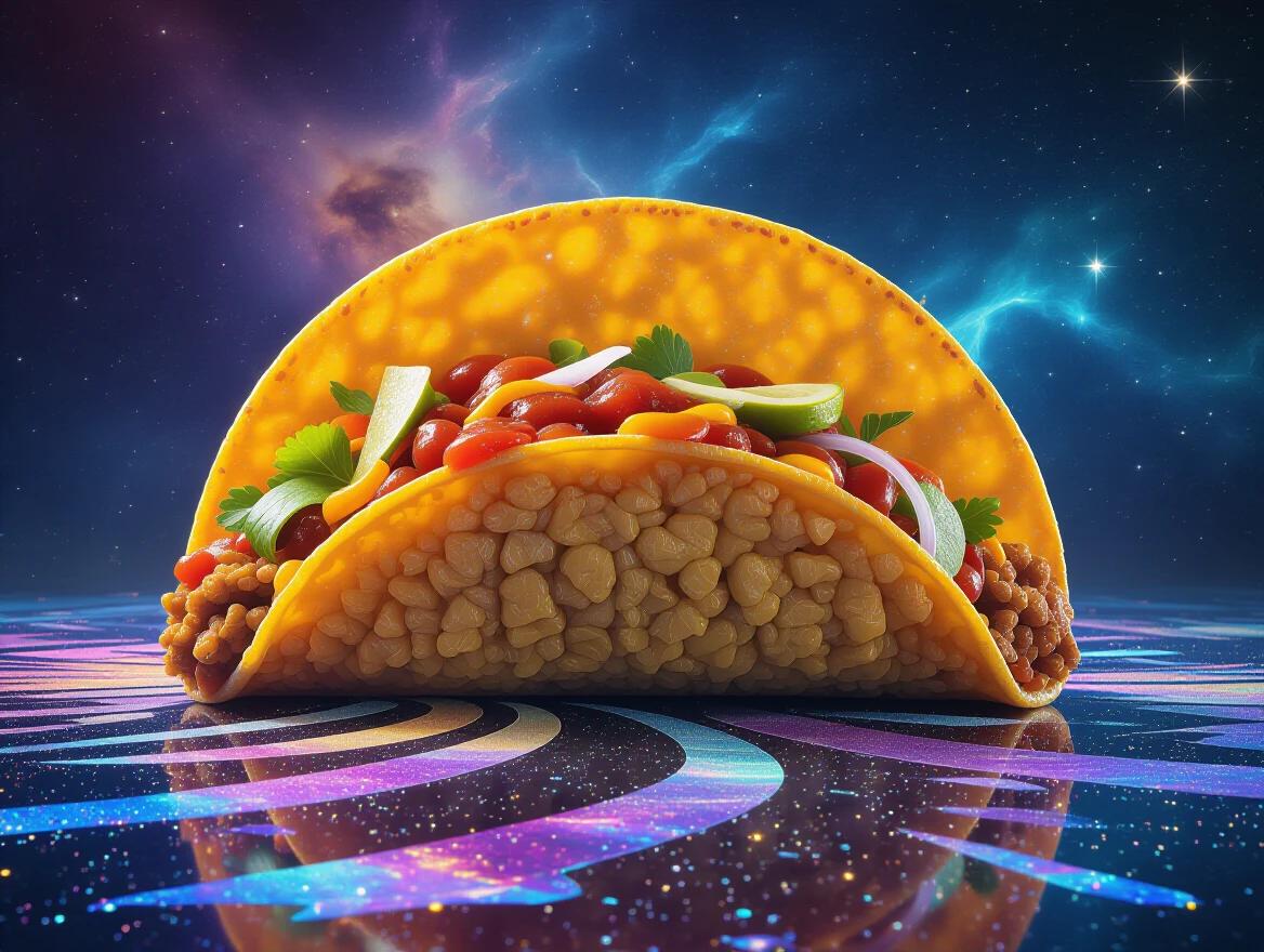 Cosmic taco with ground beef made of cosmic dust. Shimmering stardust represents salsa. Taco shell emanates energy. Digital art in vibrant colors and cosmic lighting. Created with a blend of splashes and artistic techniques.