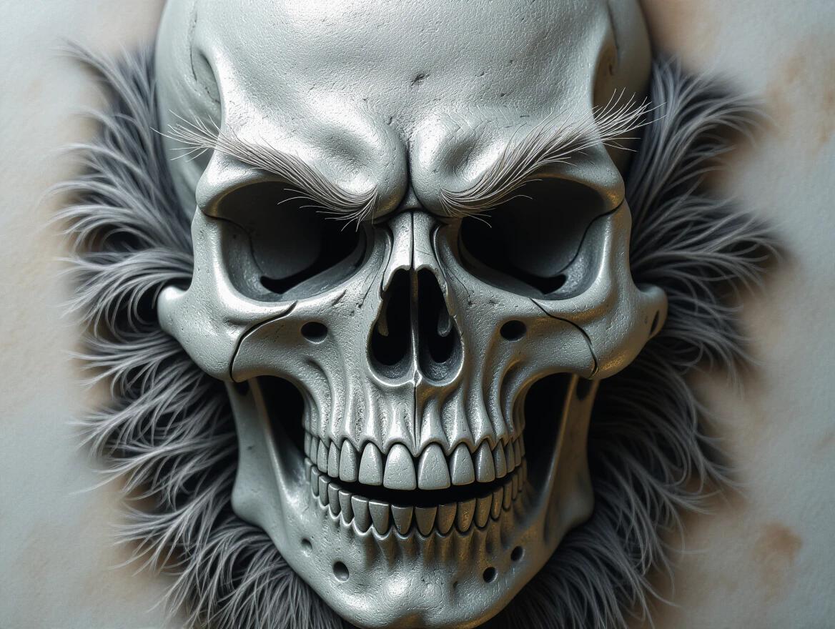 An ultra-realistic artistic rendering of a silver skull with fine detailing and hair-like features. The skull is surrounded by a feather-like texture, enhancing its menacing allure. The background is softly lit to emphasize the metallic sheen of the skull and its intricate carvings.