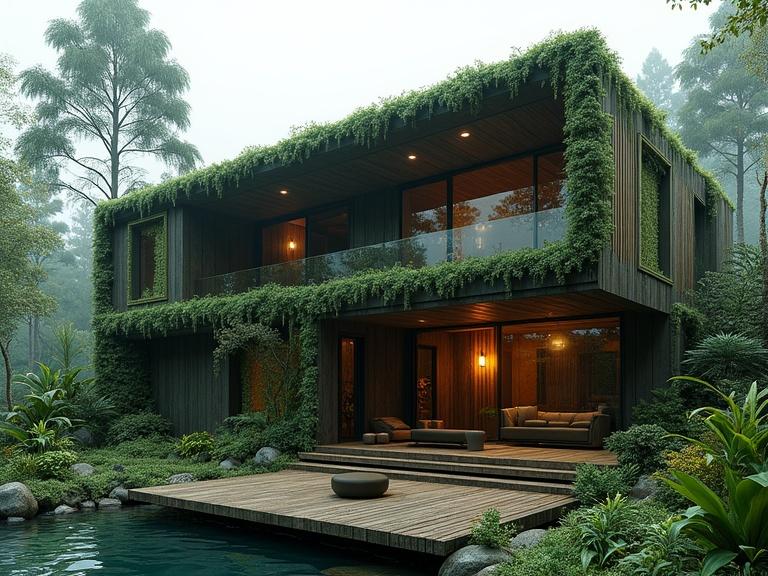 Futuristic dark home designed from plant-based materials. Showcases intricate botanical elements and wooden accents. House has angular avant-garde silhouette resembling a modern haunted house. Crafted from lived plants revealing natural grain reinforced with bioengineered bands. Blends modern architecture with futuristic innovation where nature and technology meet. Highly detailed cinematic high contrast realistic textural masterpiece.