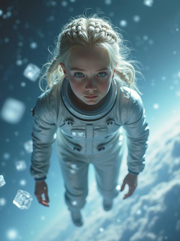 High-resolution image of a young European girl in a silver flight suit. She floats in space surrounded by glowing crystal cubes. Her eyes reveal recognition. The scene captures the essence of childhood memories and emotional intensity.