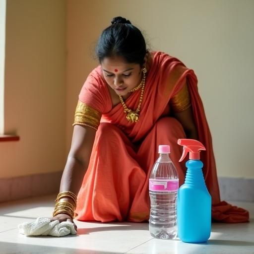 Realistic image of a woman using a white cloth to scrub the floor with her right hand. Left hand on the ground for support. Blue spray bottle labeled cleaning product next to her. Plastic water bottle with pink cap nearby. Another cleaning bottle with red cap present. Simple indoor space with light-colored tiled floor and plain beige background. Woman wearing traditional accessories. Gold bangles on wrists, gold necklace with pendant, red bindi on forehead. Hair tied back neatly into a bun.