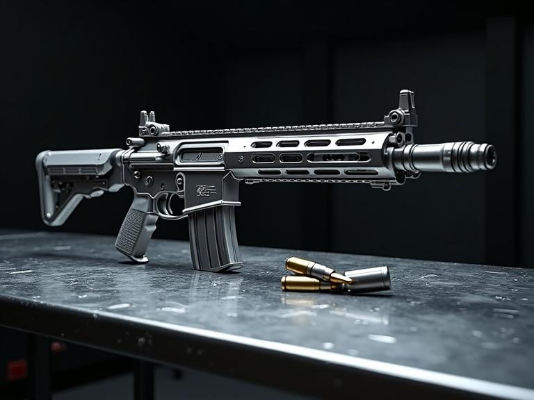 A sci-fi realistic bulky military bevel silver metal rifle sitting on a silver metal table with LED light. Includes clips and bullets, detailed textures, and shadows in a dark room.