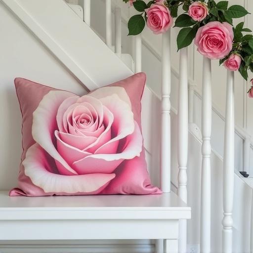 A pink rose print pillow displayed on a white bench. The bench is situated next to a staircase adorned with a pink rose garland on the banister.