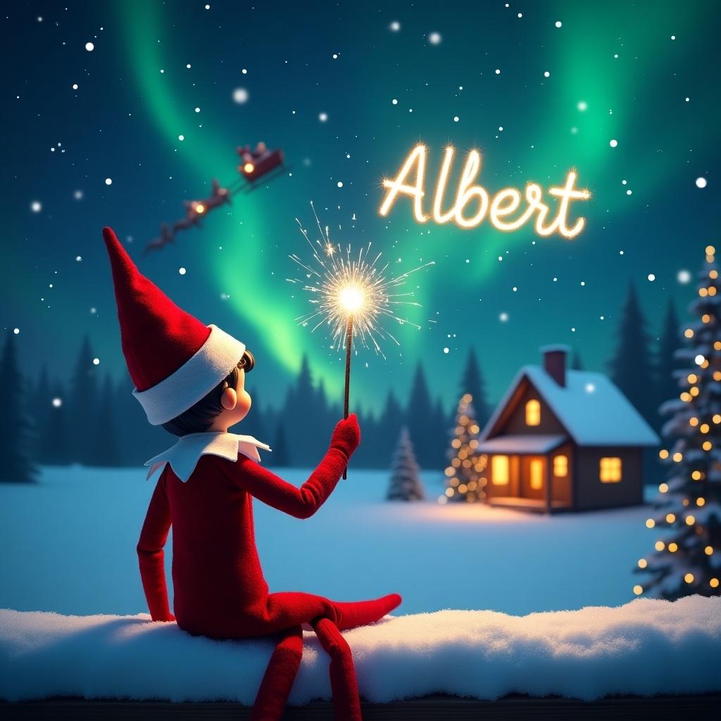 Elf on the shelf sits on a snowy ledge facing away. Elf gazes at a night sky with stars and northern lights. Elf holds a sparkling wand to write names in the air. Cozy cabin glows in the background. Santa and sleigh fly across the sky. Scene represents Christmas joy and wonder.