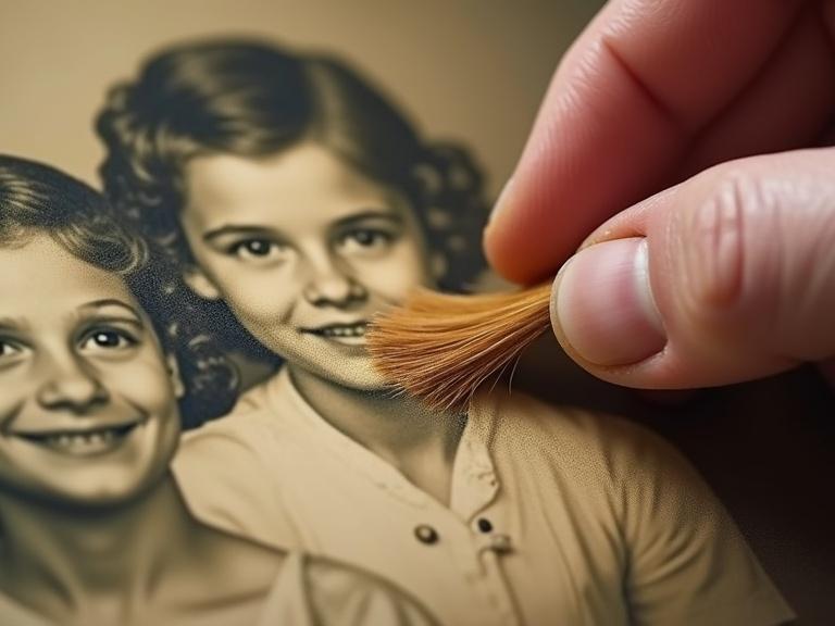 Close-up of a hand brushing dust off an old family photo. Two young girls are visible in the photo, one appears with a faint blur. Cartoon style art.