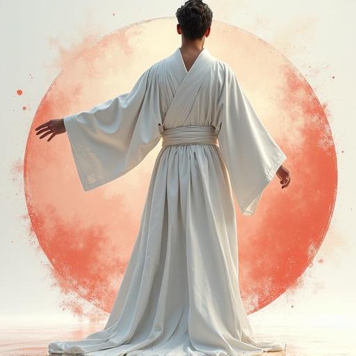 Design of a white robe against a circular colored background. Soft pastel colors create a serene mood. The robe flows elegantly.