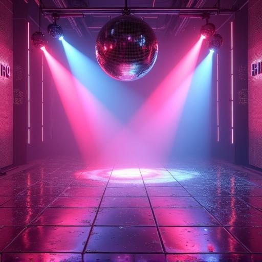 A vibrant 1970s disco background with a large reflective disco ball hanging. Colorful spotlights cast beams of pink blue and purple across a shiny dance floor. Retro geometric patterns adorn the walls. The atmosphere is lively energetic. Glitter effects shimmer in the light.