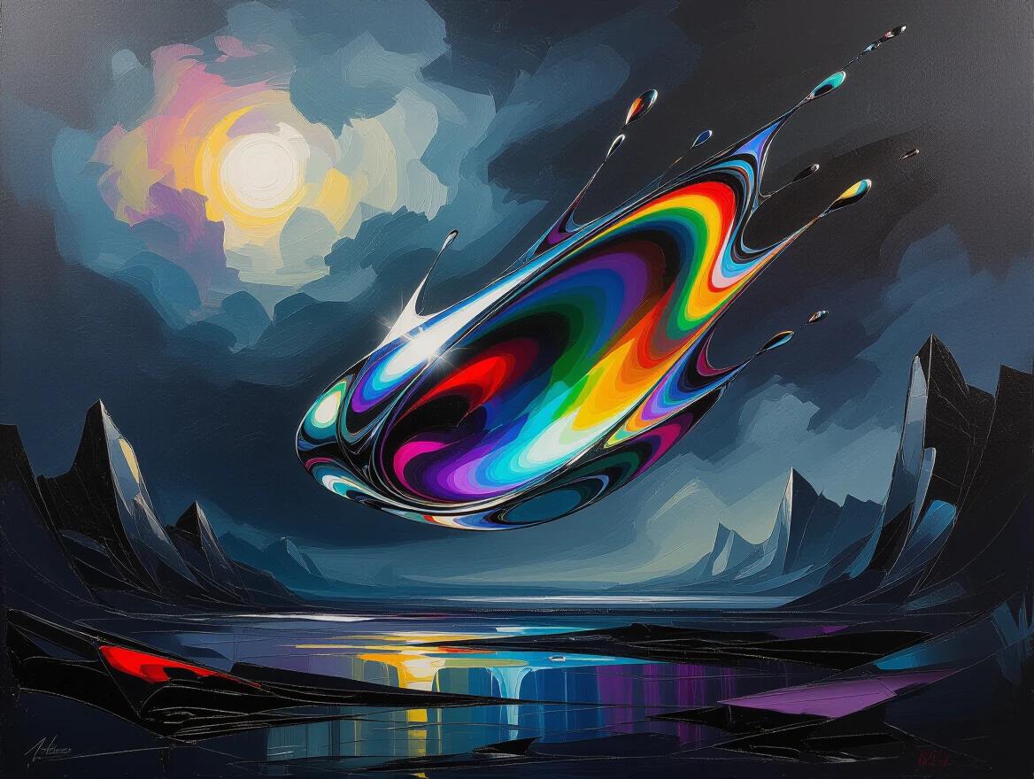 Sculptural oil painting created using extreme impasto technique. Dark fantasy landscape surrounds an abstract splash of liquid chrome. Splash exhibits polished and iridescent surface. Colors shift vibrantly.