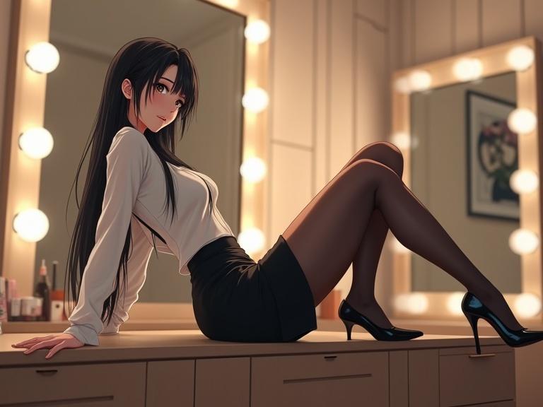 An elegant East Asian woman with long black hair reclining on a wooden vanity table. She wears a sheer white blouse and a black mini skirt. The setting is a modern dressing room with a large lighted mirror. The atmosphere is stylish and moody with cool tones.