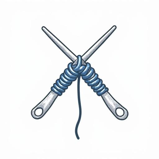 Logo design featuring two grey crochet hooks crossed. Blue string yarn wrapped around the hooks. Line art style with a white background.