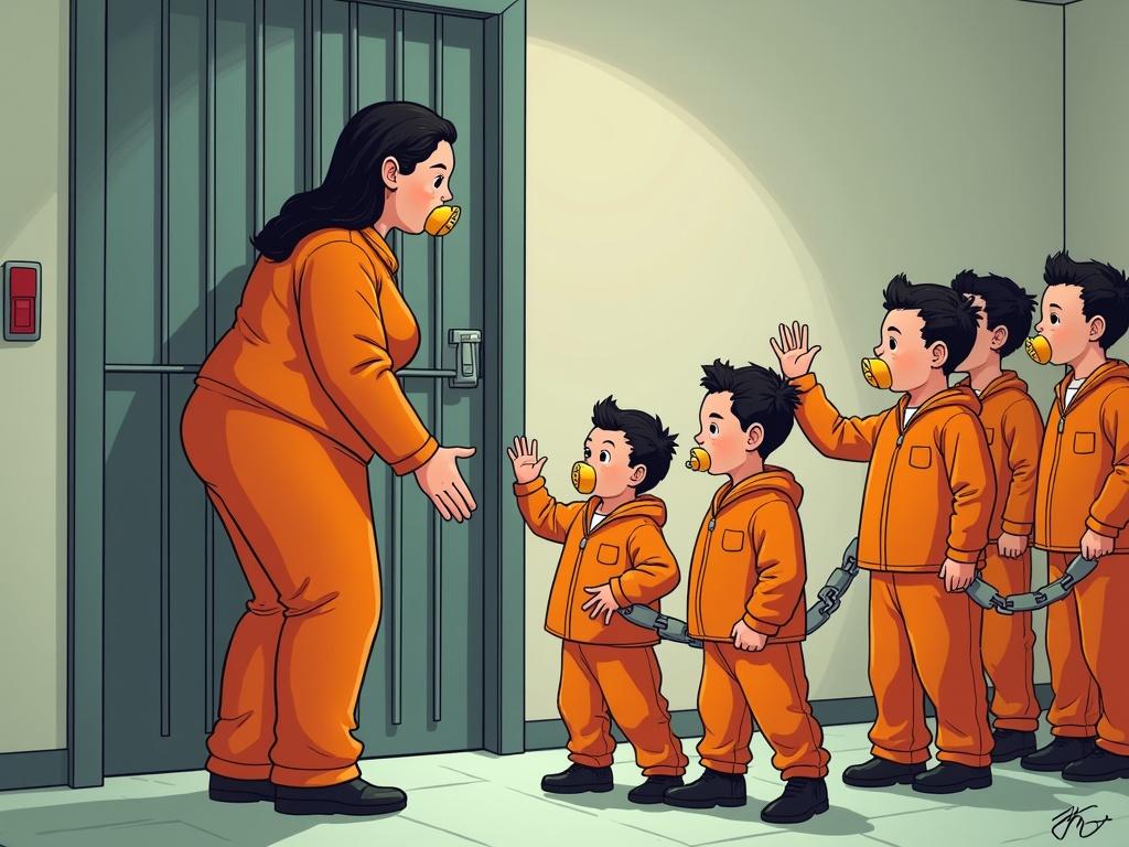 A mother interacts with her children in orange jumpsuits. The children have oversized pacifiers. They wave goodbye as guards prepare to lock them up. Colorful and humorous illustration styles are used. The scene shows an unusual but playful moment between them.