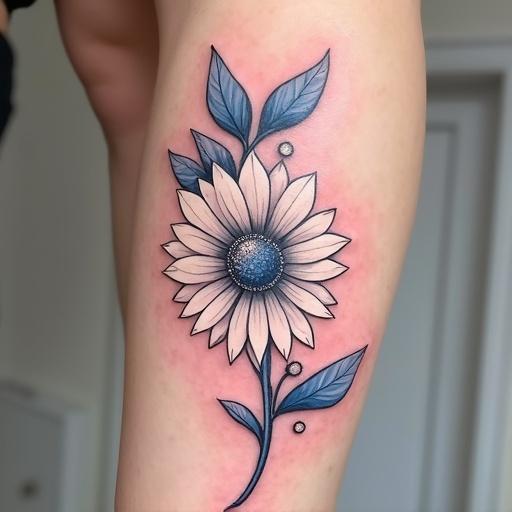 Tattoo features a delicate flower with pink petals and blue center. The design includes green leaves and small details.
