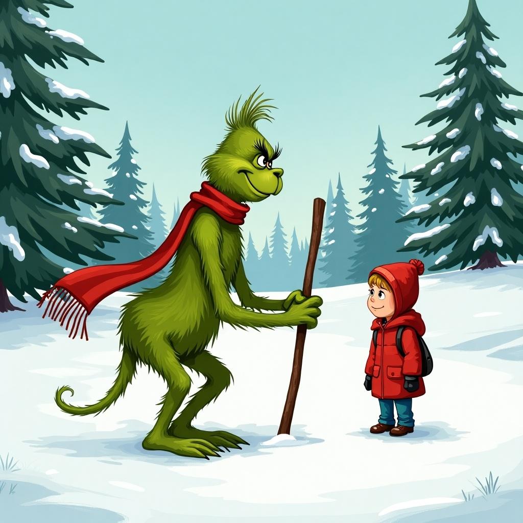 Grinch with red scarf standing in snow. Child in red coat with backpack. Snow-covered hills and evergreen trees visible. Grinch holding stick.