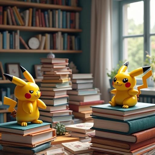 Two Pikachu figures on a pile of colorful books. Books have visible titles. Room decorated with bookshelves filled with books. Bright light illuminates the room.