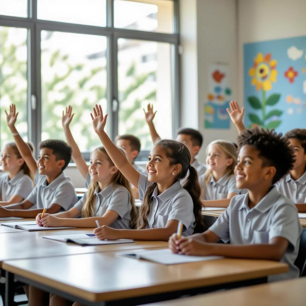 Classroom filled with eager students. Children in gray uniforms seated at desks. Many arms raised, showing engagement. Brightly lit room with colorful wall displays. Focus on participation and enthusiasm for learning. Side view of classroom atmosphere.