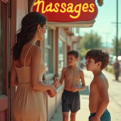 A sultry woman in a sundress engages in conversation with two boys. The scene takes place near a sign that says massages. The photo has a low-resolution quality with pixelation. Colors appear overly saturated and bright. The aesthetic resembles older phone cameras.