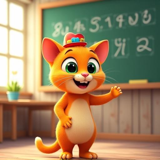 A cheerful classroom scene. Mimi the cat stands in front of a board. She has big green eyes and an orange fur coat. She wears a teacher's hat. Mimi waves enthusiastically. Classroom background features simple drawings. Arabic numbers appear on the board. A colorful and inviting atmosphere.