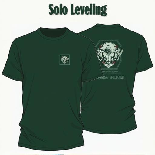 Dark green T-shirt with a Solo Leveling design. Front has a small logo. Back has a larger graphic of a character in an action pose. Text Solo Leveling is above the shirt.