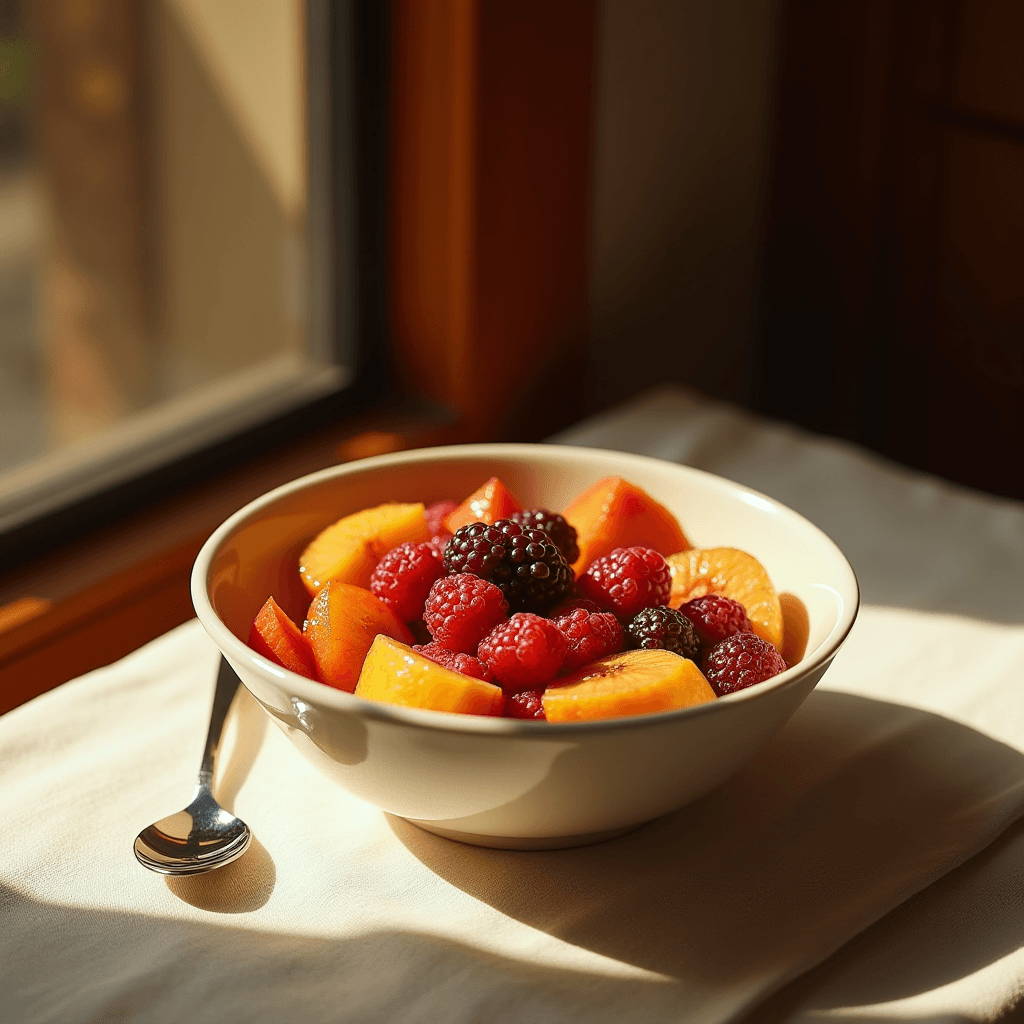 A bowl of fresh fruit illuminated by sunlight streaming through a window.