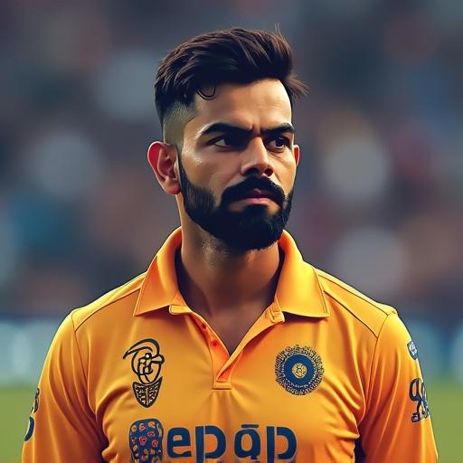 A cricket player in an orange jersey with a serious expression. The player is asking viewers to subscribe to an Instagram channel.